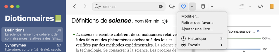 Menu des favoris