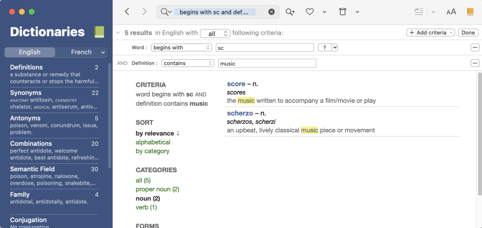Finding a word using search by criteria
