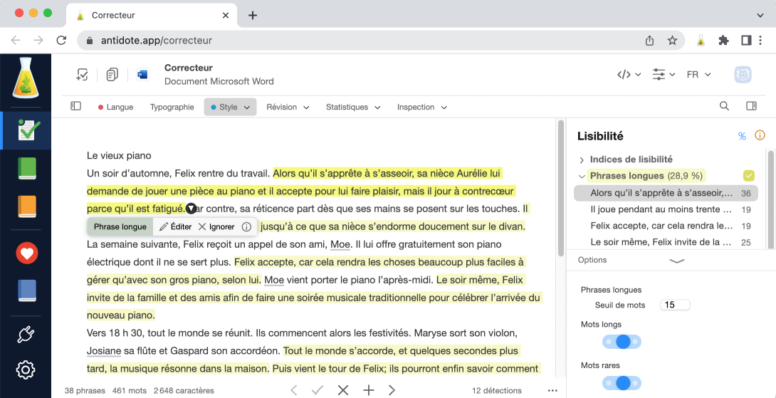 Repérage des phrases longues et commandes de l’infobulle