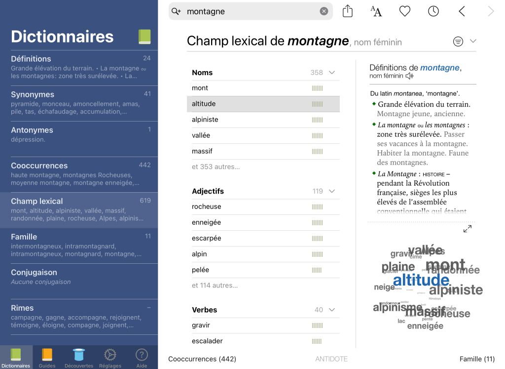 Dictionnaire de champs lexicaux d’Antidote Mobile