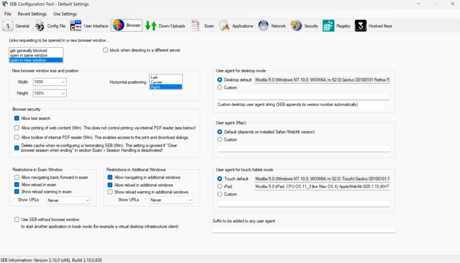 Onglet **Browser** de l’outil de configuration de SEB
