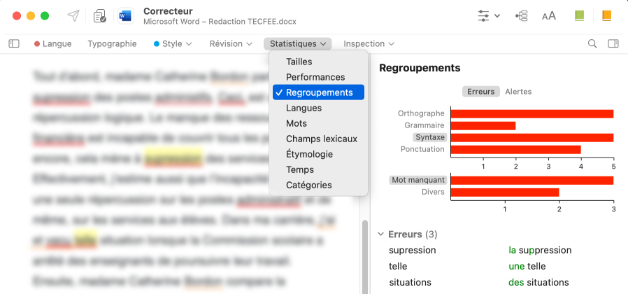 Affichage du filtre Regroupements