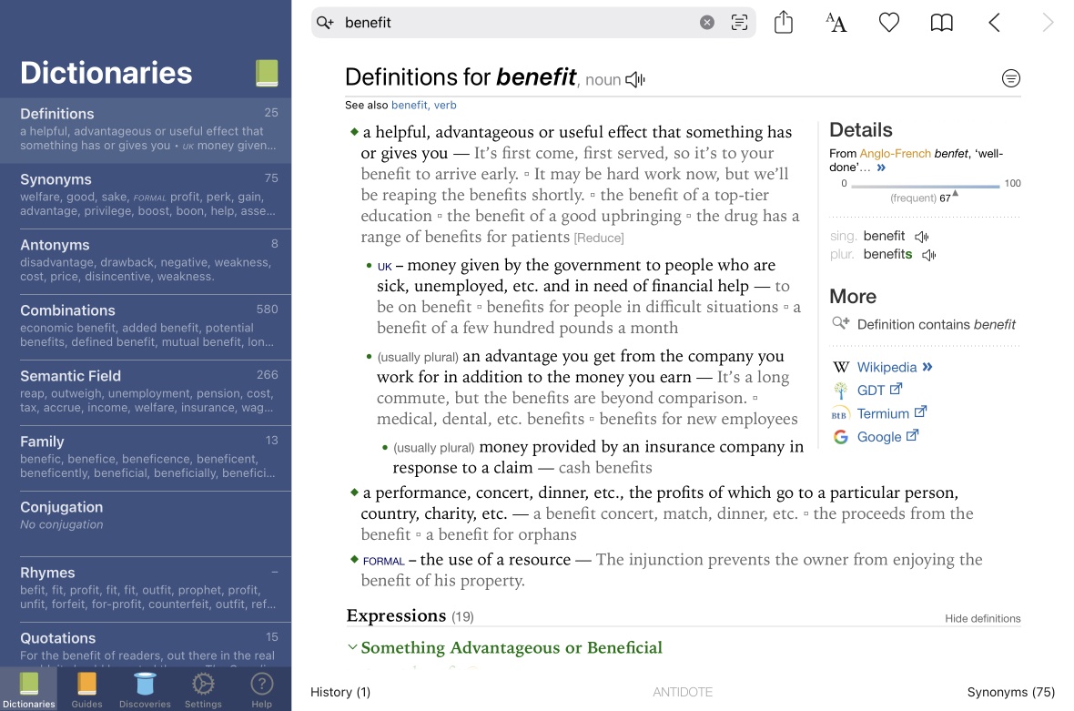 Antidote Mobile’s dictionaries