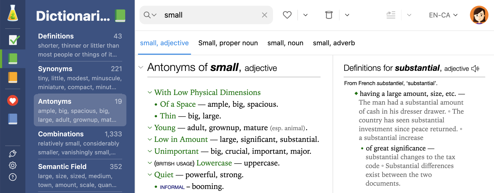The entry for _small_ in the dictionary of antonyms