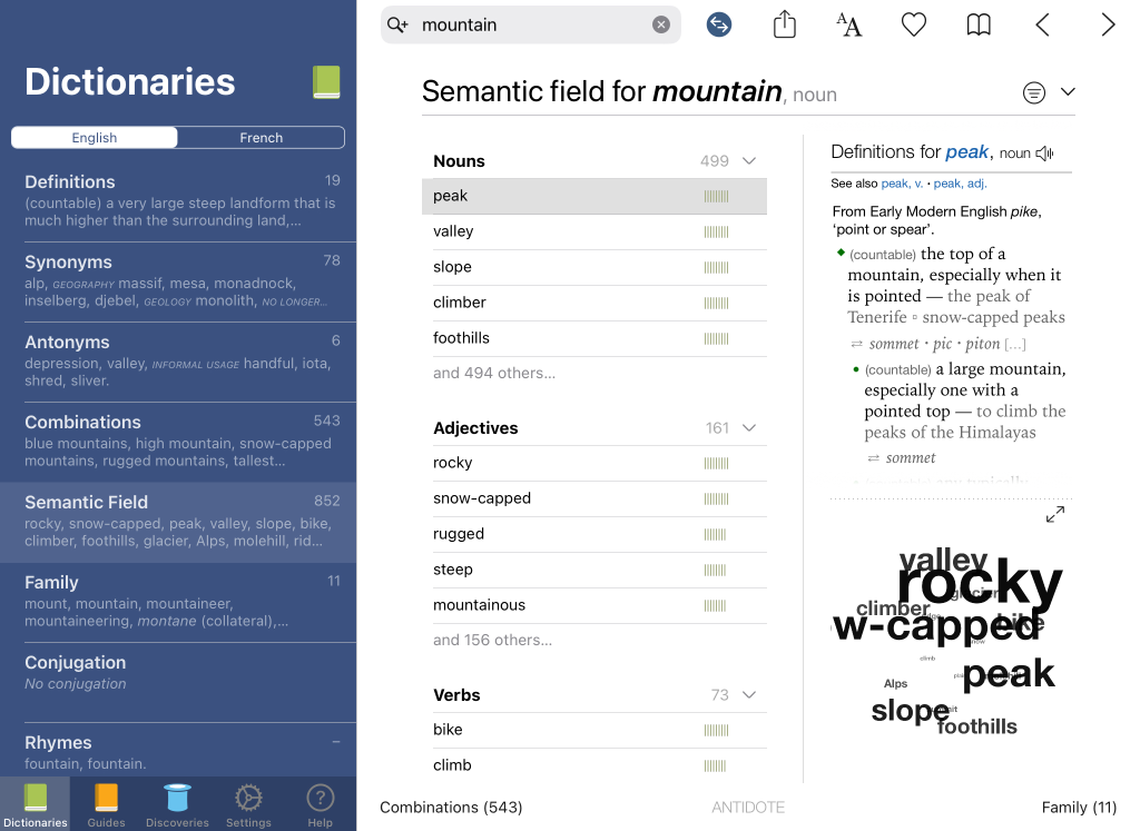 Antidote Mobile’s dictionary of semantic fields