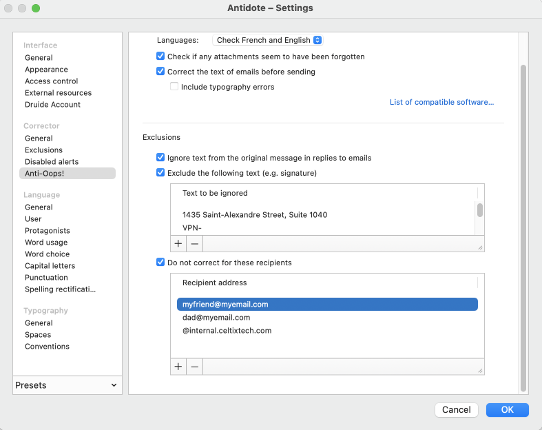 Anti-Oops! Panel of the Corrector Settings