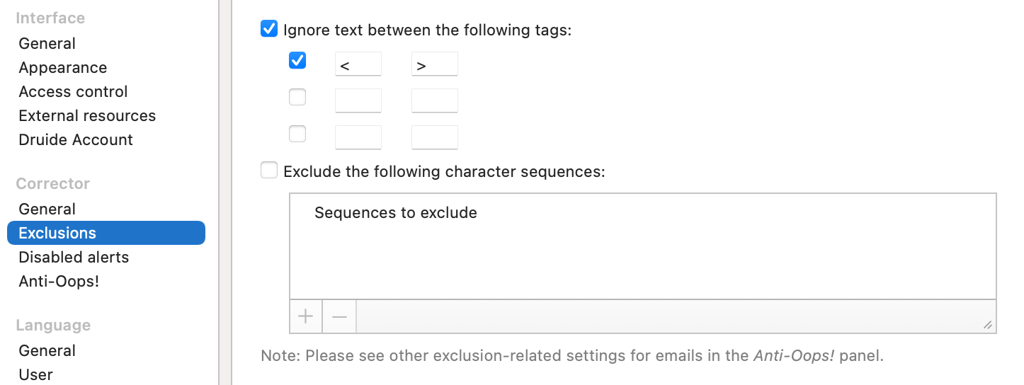 Exclusions Panel - Corrector Settings | User Guide