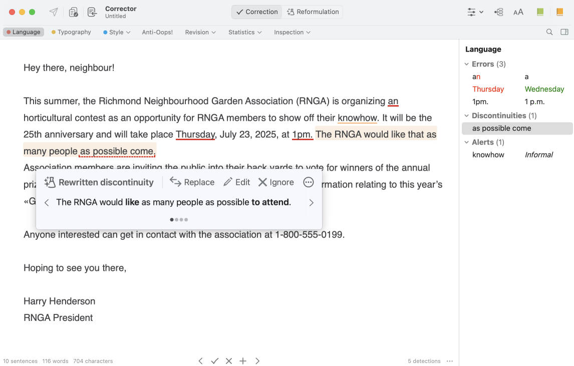 The corrector suggests options for reformulating a structural issue.
