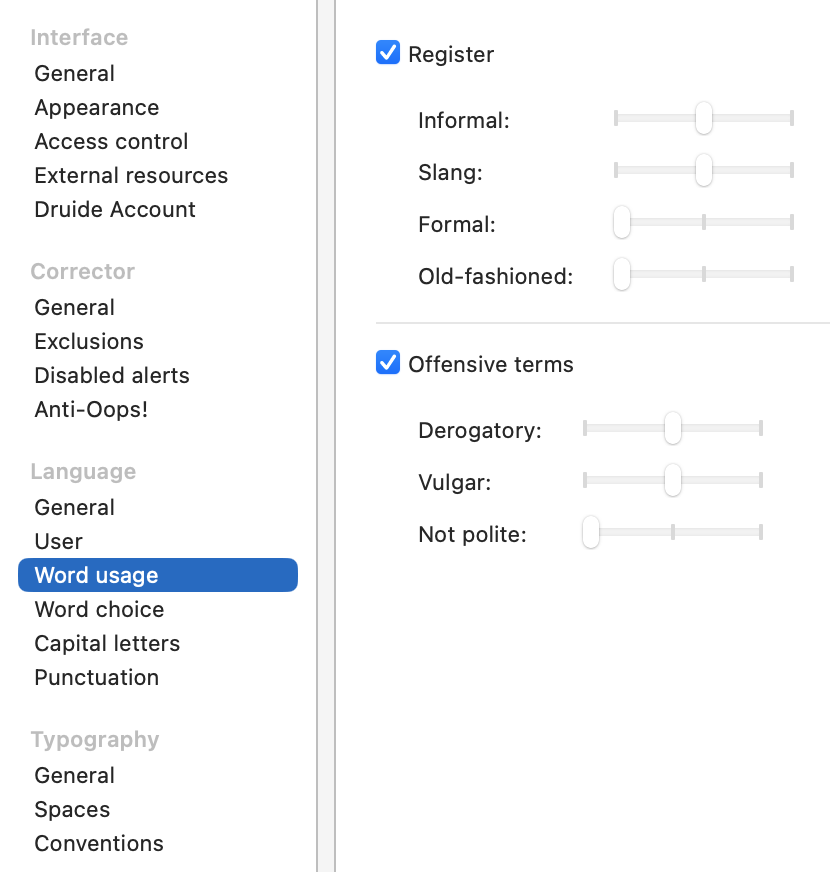 Word Usage Panel - Language Settings | User Guide