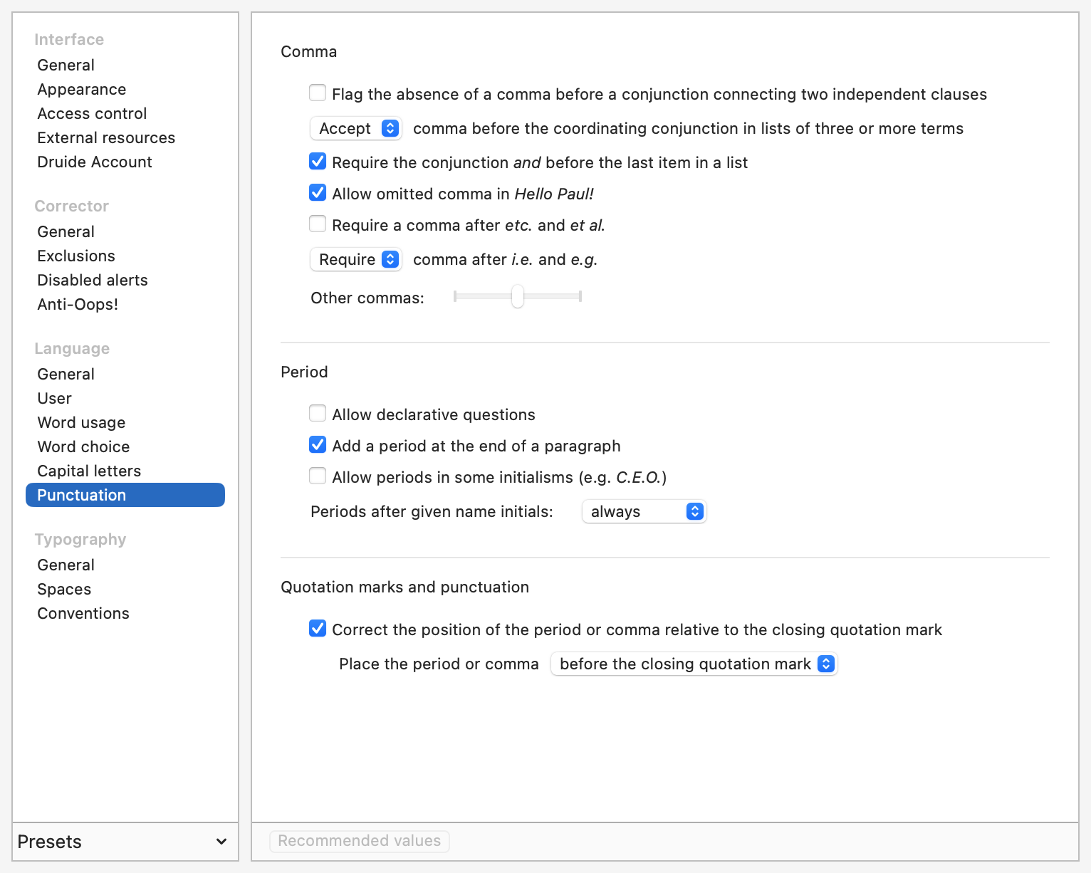 Punctuation Panel - Language Settings | User Guide