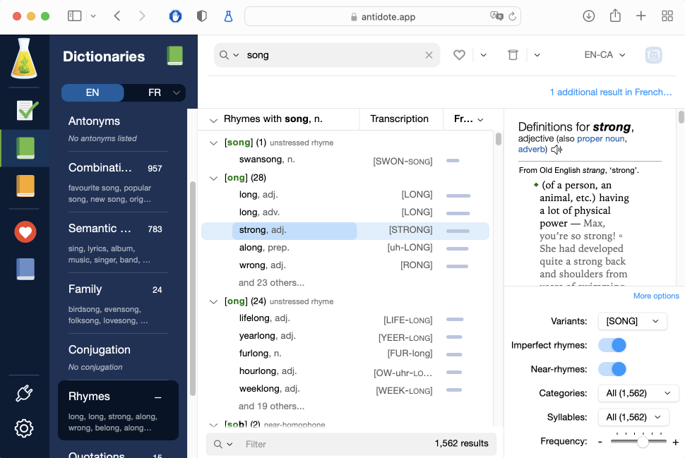 Antidote Web’s dictionary of rhymes