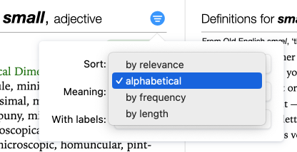 Options to sort synonyms