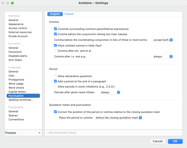 Punctuation Panel of the Language Settings