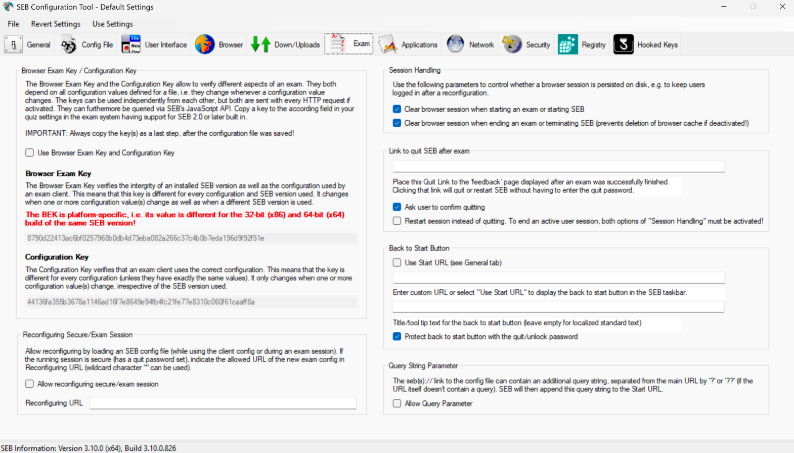 Onglet **Exam** de l’outil de configuration de SEB