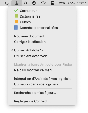 Menu de l’Agent Antidote sur Mac