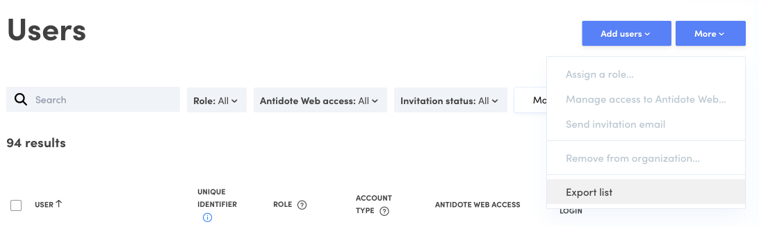 Exporting the list of users