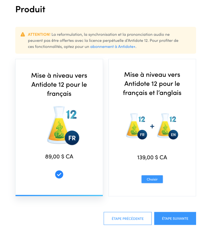 Confirmer le choix de mise à niveau