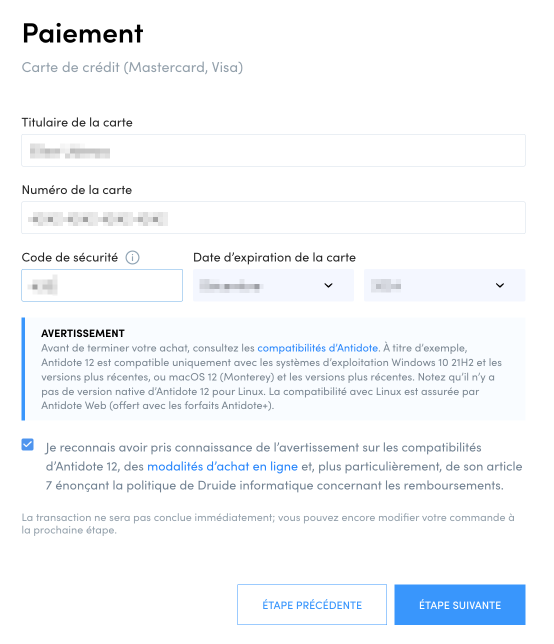 Entrer vos informations de paiement