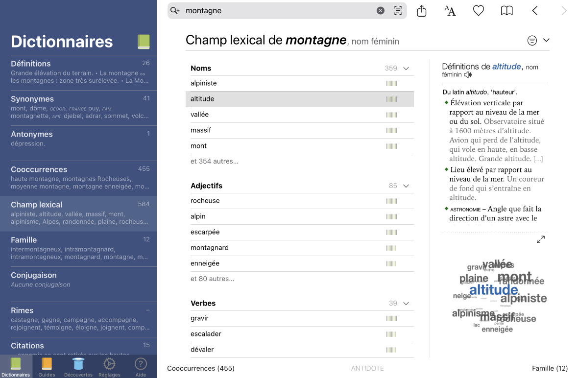 Dictionnaire de champs lexicaux d’Antidote Mobile