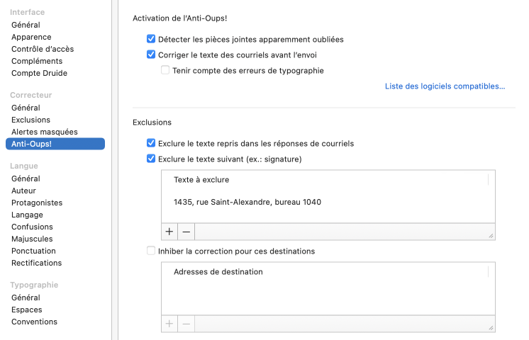 Réglages du correcteur — Anti-Oups!