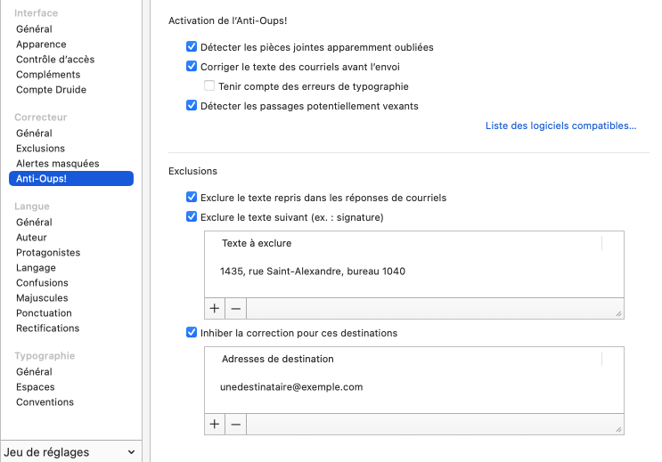 Réglages du correcteur — Anti-Oups!