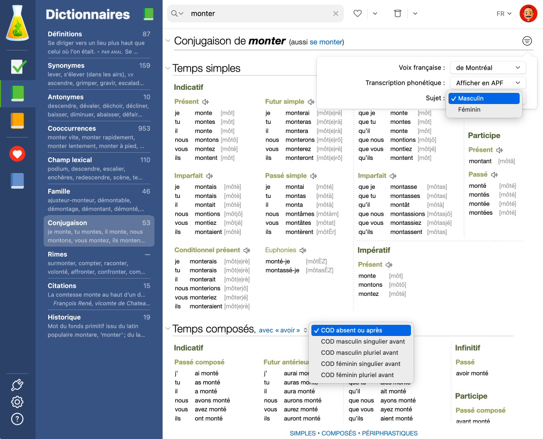 Options du tableau de conjugaison du verbe _monter_
