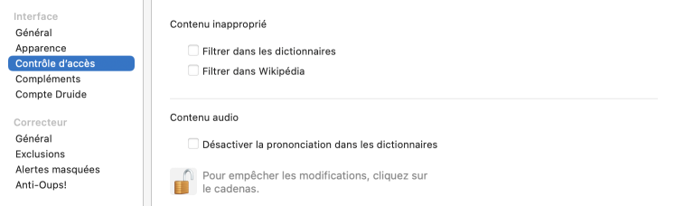 Réglages d’interface — Contrôle d’accès