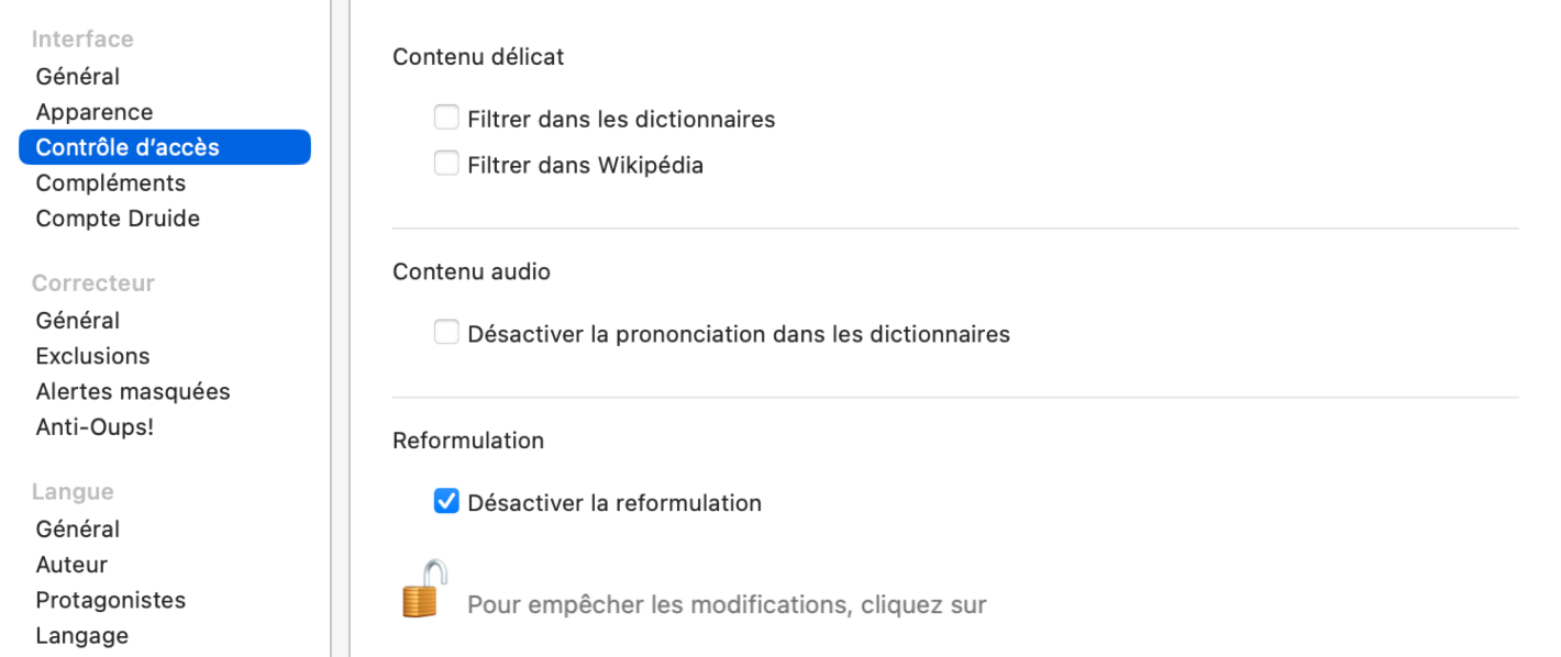 Réglages d’interface — Contrôle d’accès