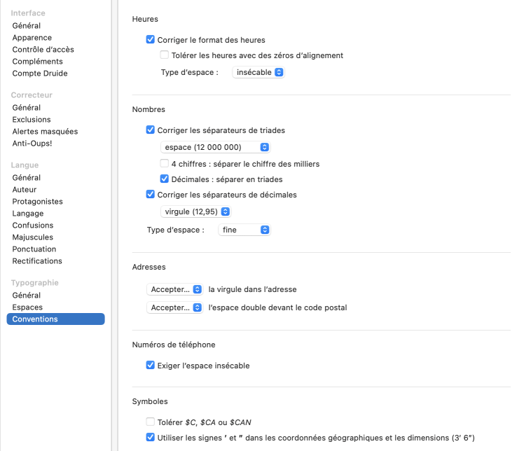 Réglages de la typographie — Conventions