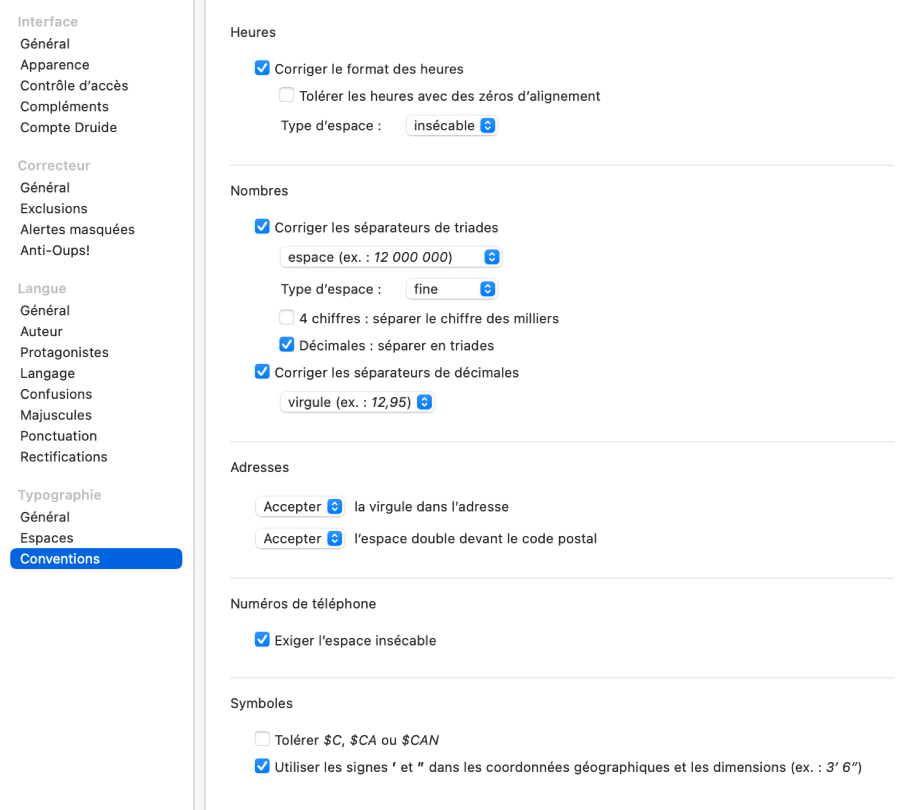Réglages de la typographie — Conventions