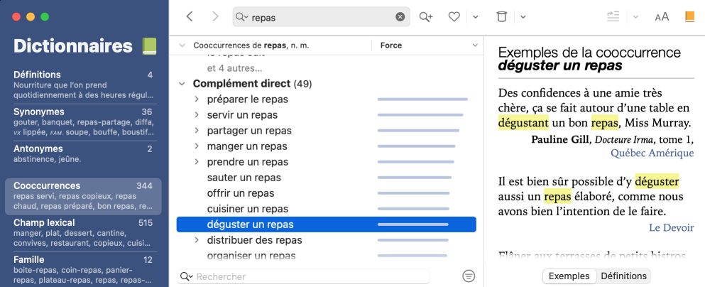 Dictionnaire de cooccurrences d’Antidote 12
