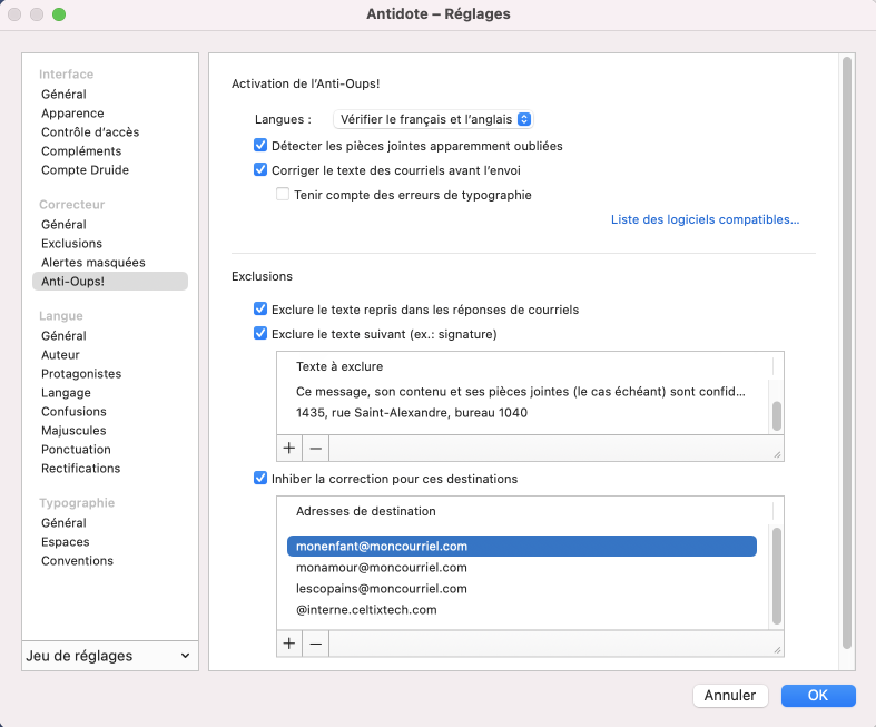 Panneau Anti-Oups! des réglages du correcteur