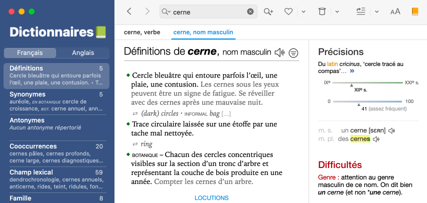 Entrée du mot _cerne_ dans les dictionnaires d’Antidote