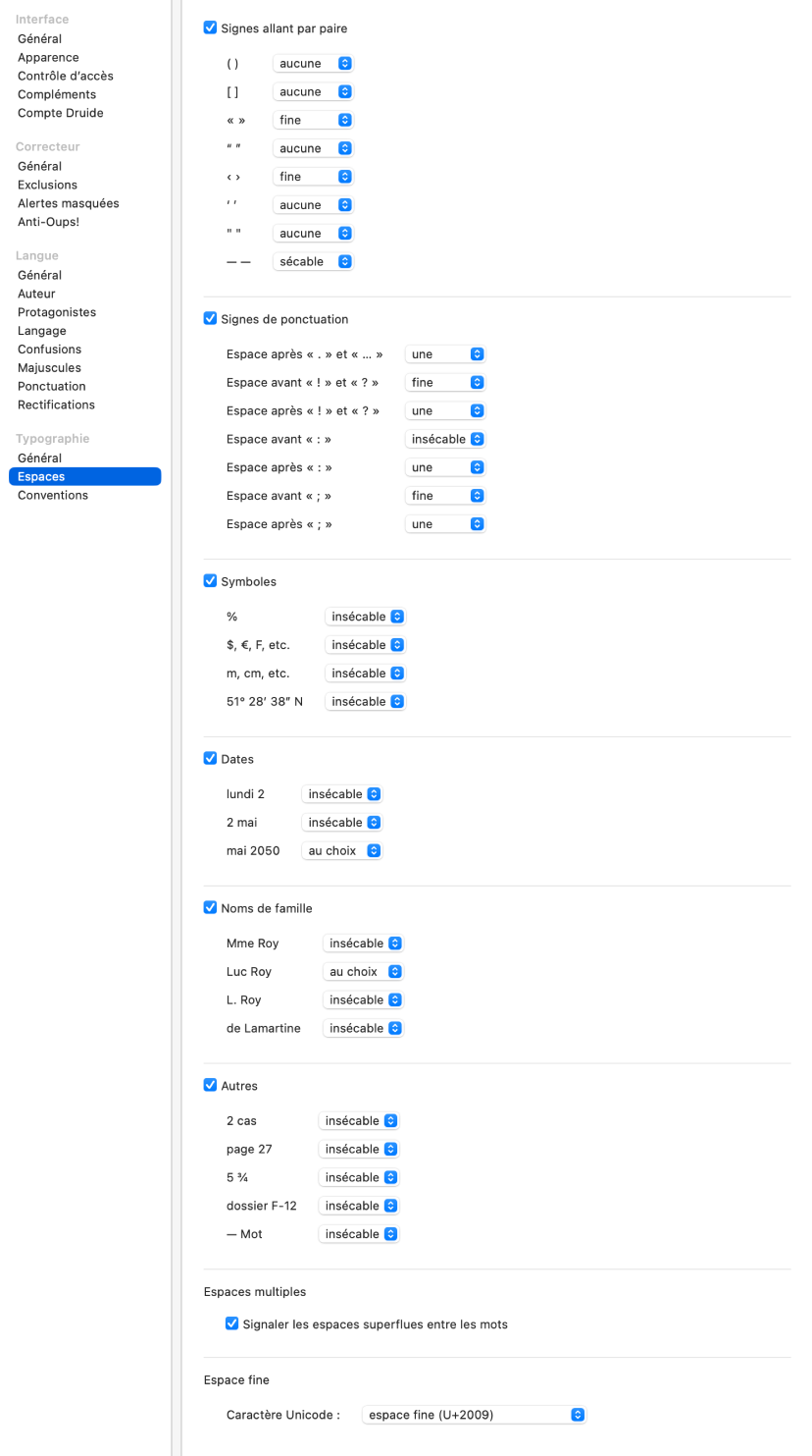 Réglages de la typographie — Espaces