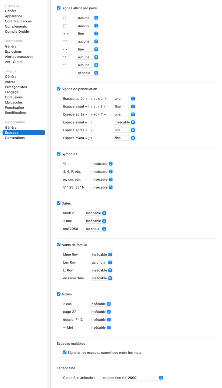 Réglages de la typographie — Espaces
