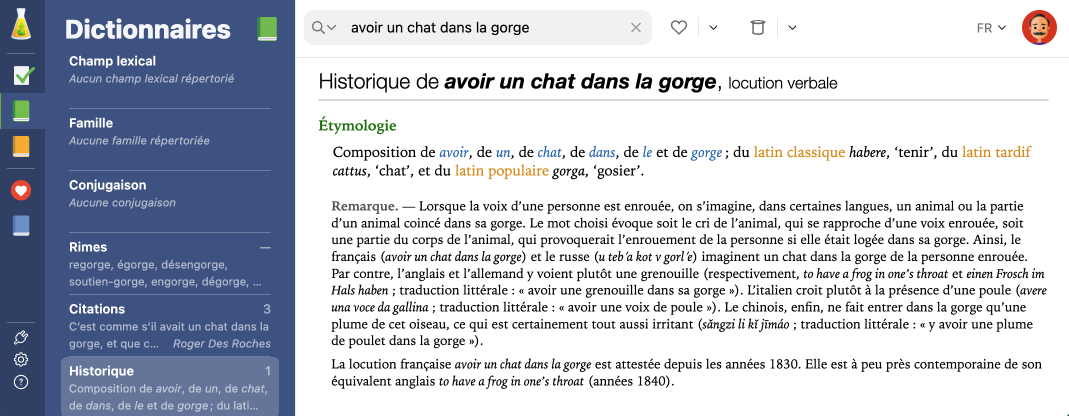 Remarque étymologique de l’expression _avoir un chat dans la gorge_