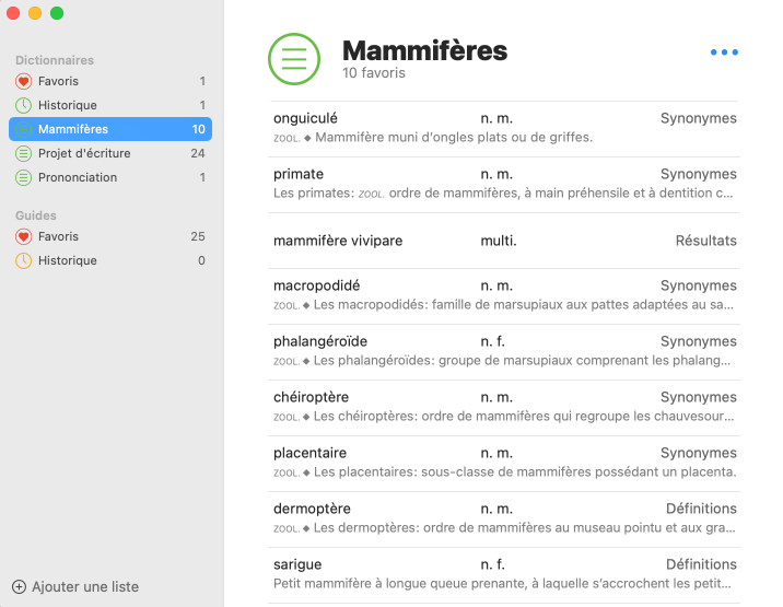 Fenêtre des favoris