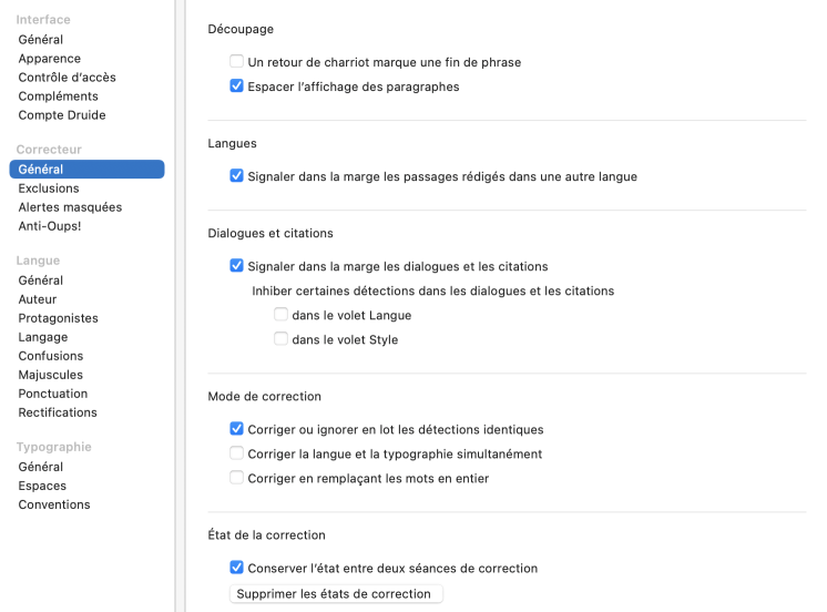 Réglages du correcteur — Général