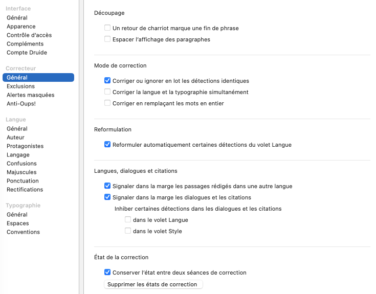 Réglages du correcteur — Général