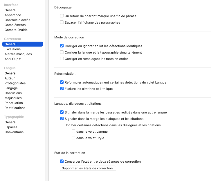 Réglages du correcteur — Général