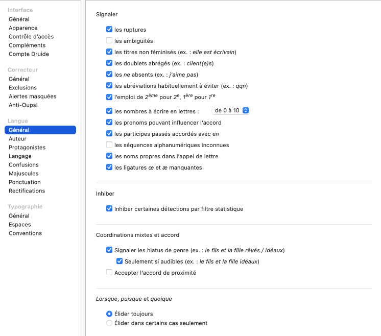 Réglages de langue — Général