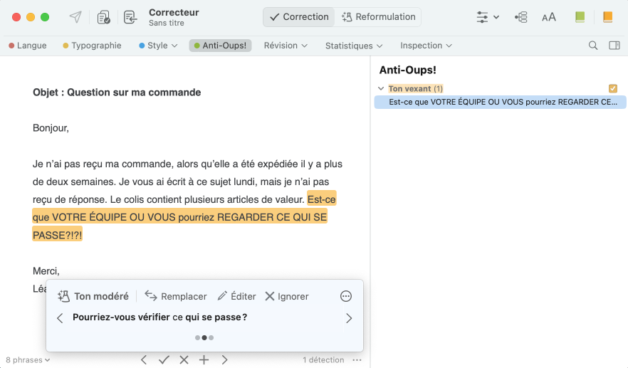 L’Anti-Oups! dispose de son propre volet dans la barre du correcteur et détecte le ton vexant.