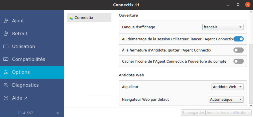 Onglet Options sur Linux