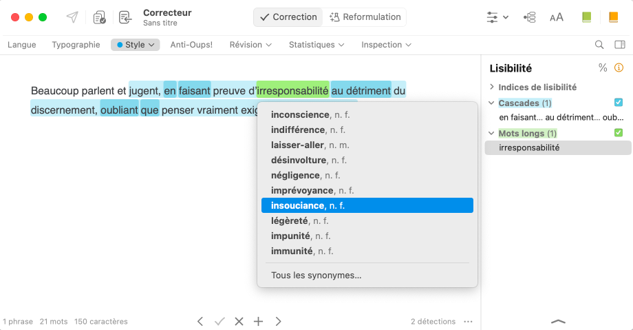 Filtre de lisibilité et proposition de synonymes sur un mot long