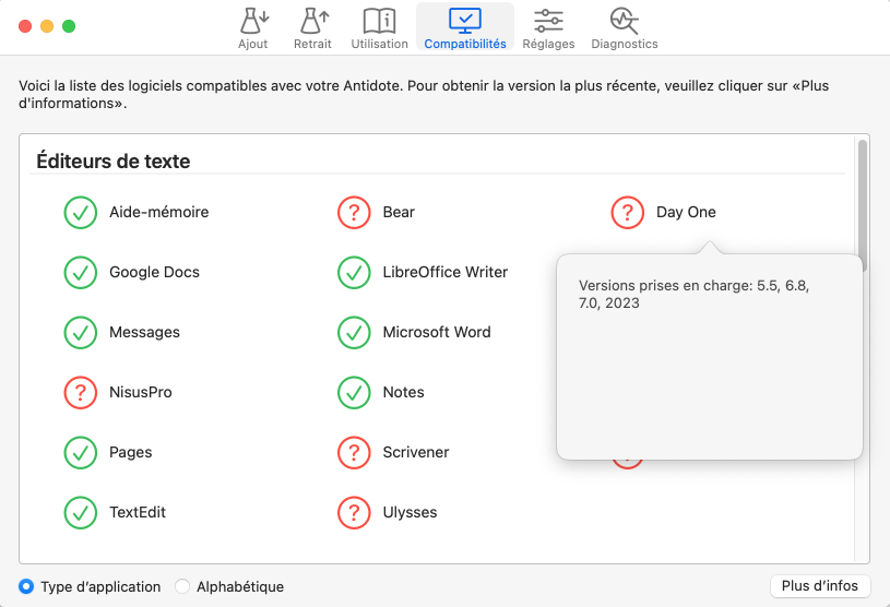 Onglet Compatibilités sur Mac