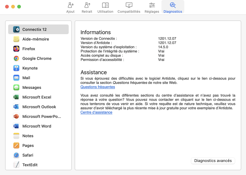 Onglet Diagnostics sur Mac