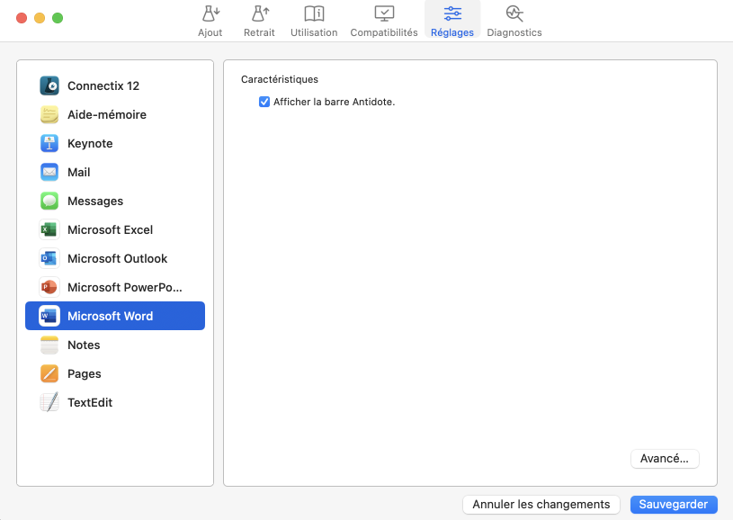 Onglet Réglages sur Mac