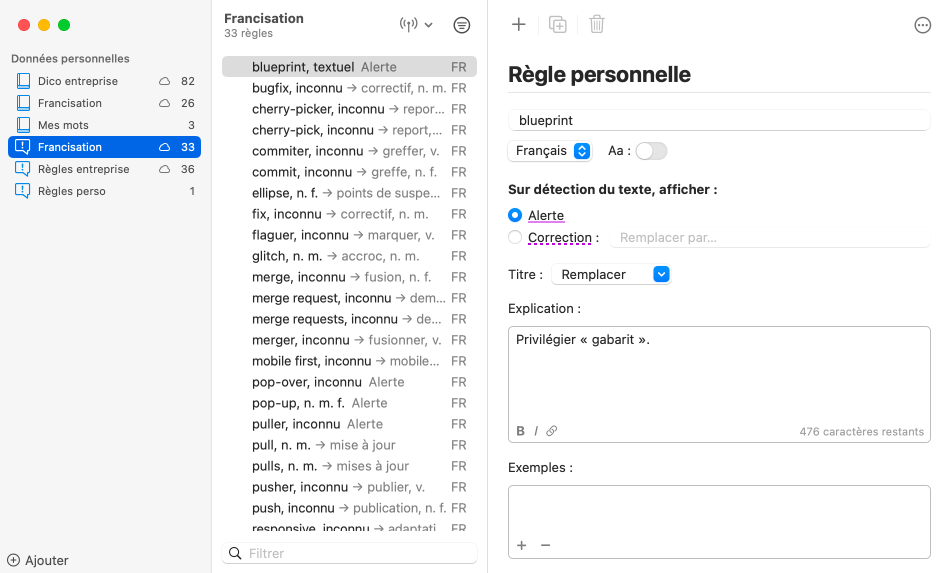 Fenêtre des données personnalisées