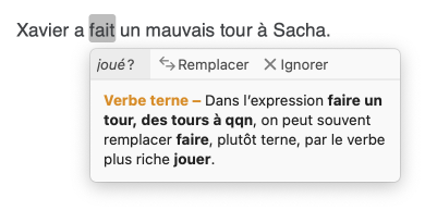 Proposition de remplacement d’un verbe terne à même l’infobulle