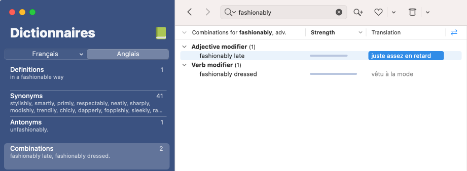 Traductions dans le dictionnaire de cooccurrences